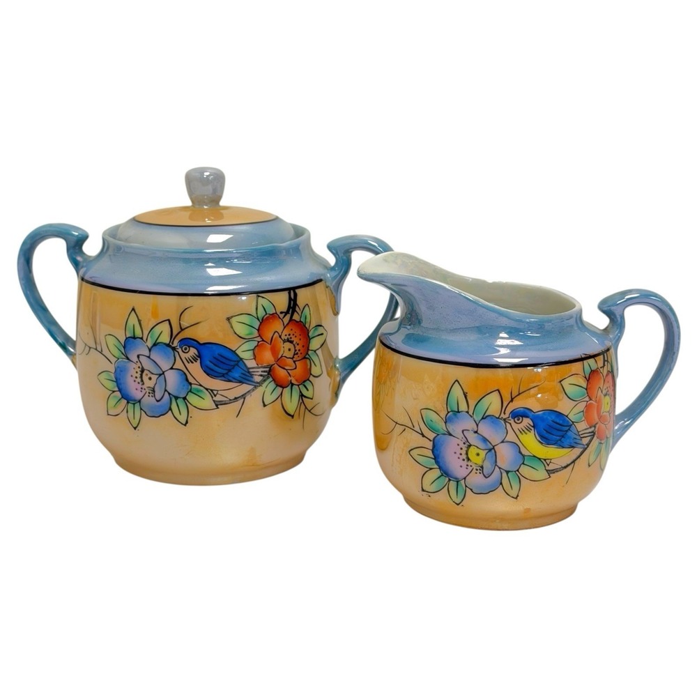 Vintage 1950s Handmade In Japan Lusterware Sugar Bowl & Creamer Bird‎ Floral